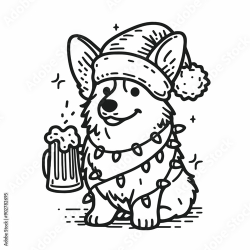  Corgi Dog wear santa claus hat tangled wrap around with Christmas lights holding a beer mug in christmas party   