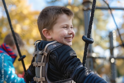 Young Boy with Scoliosis Wearing Back Brace Smiling While Playing on Monkey Bars