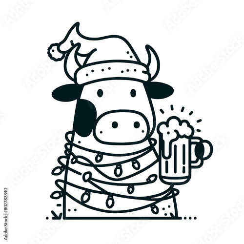  Cow wear santa claus hat tangled wrap around with Christmas lights holding a beer mug in christmas party   