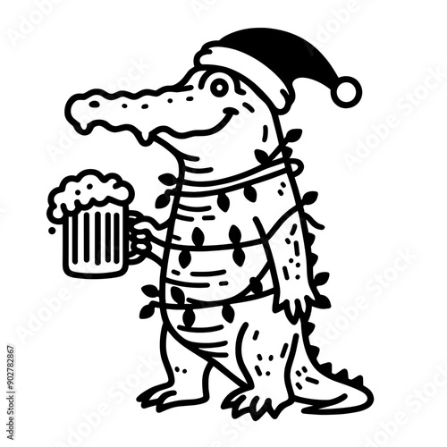  Crocodile wear santa claus hat tangled wrap around with Christmas lights holding a beer mug in christmas party   