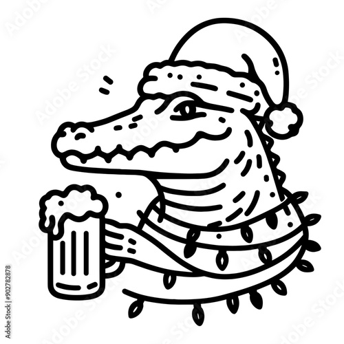  Crocodile wear santa claus hat tangled wrap around with Christmas lights holding a beer mug in christmas party   