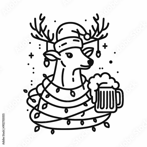  Deer wear santa claus hat tangled wrap around with Christmas lights holding a beer mug in christmas party   