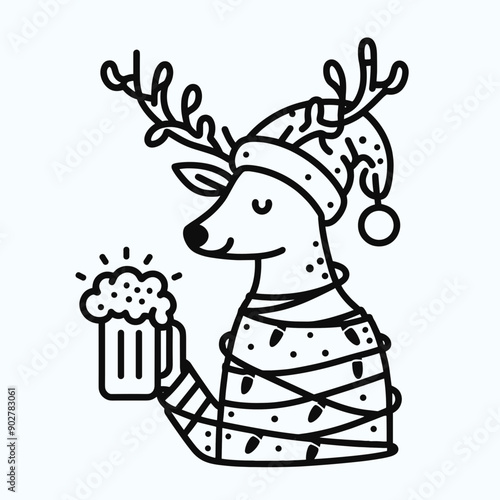  Deer wear santa claus hat tangled wrap around with Christmas lights holding a beer mug in christmas party   