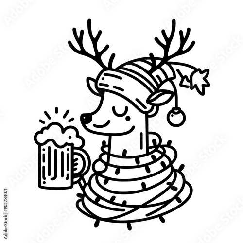  Deer wear santa claus hat tangled wrap around with Christmas lights holding a beer mug in christmas party   