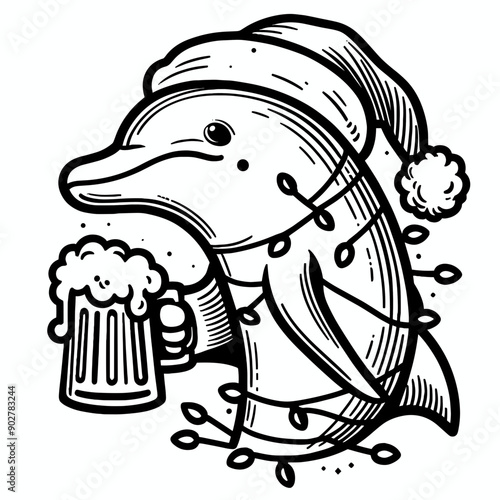 Dolphin wear santa claus hat tangled wrap around with Christmas lights holding a beer mug in christmas party   