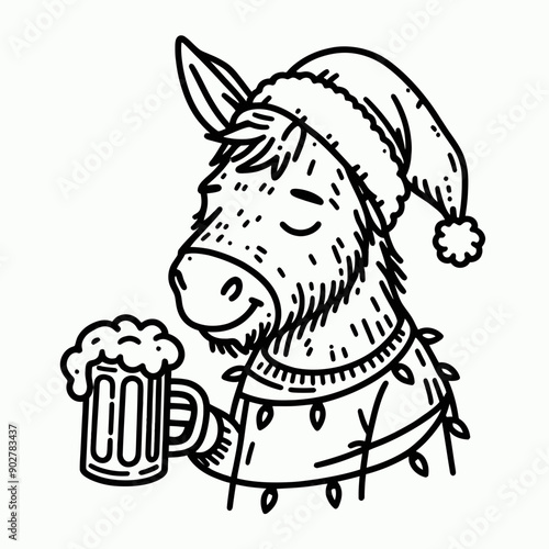  Donkey wear santa claus hat tangled wrap around with Christmas lights holding a beer mug in christmas party   