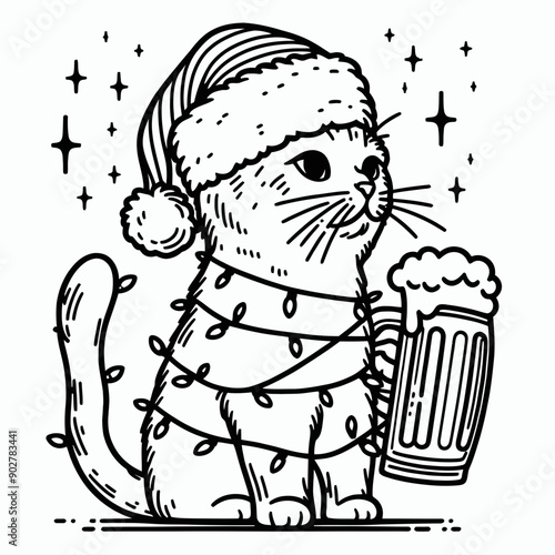  Domestic Shorthair Cat wear santa claus hat tangled wrap around with Christmas lights holding a beer mug in christmas party   