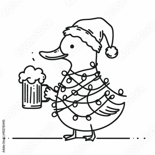  Duck wear santa claus hat tangled wrap around with Christmas lights holding a beer mug in christmas party   