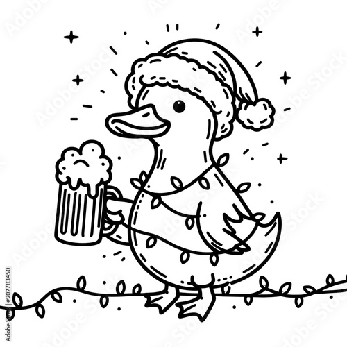  Duck wear santa claus hat tangled wrap around with Christmas lights holding a beer mug in christmas party   