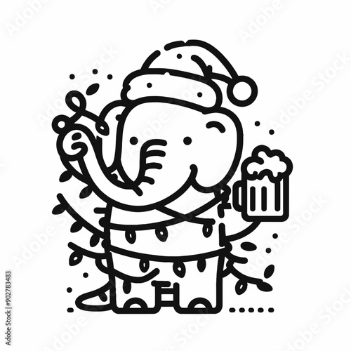  Elephant wear santa claus hat tangled wrap around with Christmas lights holding a beer mug in christmas party   