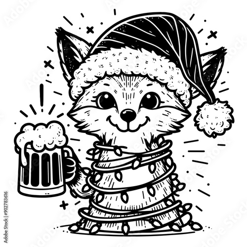  Fox wear santa claus hat tangled wrap around with Christmas lights holding a beer mug in christmas party   