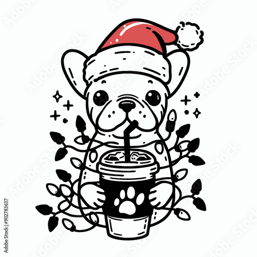  French Bulldog wear santa claus hat tangled wrap around with Christmas lights holding a beer mug in christmas party   