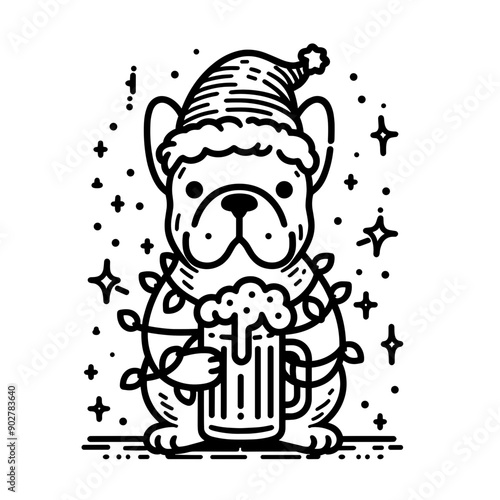  French Bulldog wear santa claus hat tangled wrap around with Christmas lights holding a beer mug in christmas party   