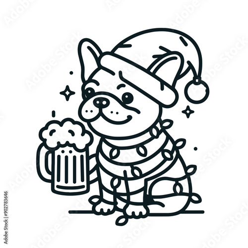  French Bulldog wear santa claus hat tangled wrap around with Christmas lights holding a beer mug in christmas party   