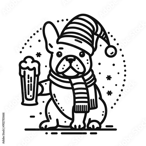  French Bulldog wear santa claus hat tangled wrap around with Christmas lights holding a beer mug in christmas party   