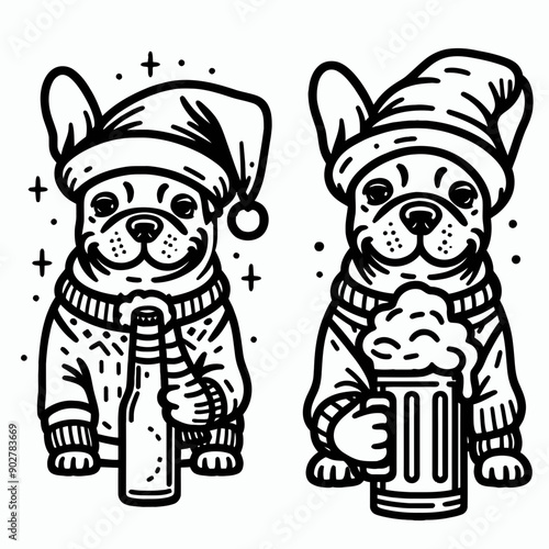  French Bulldog wear santa claus hat tangled wrap around with Christmas lights holding a beer mug in christmas party   