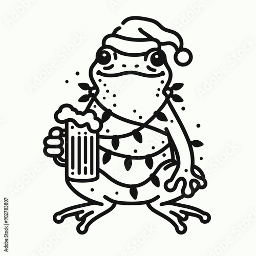  Frog wear santa claus hat tangled wrap around with Christmas lights holding a beer mug in christmas party   