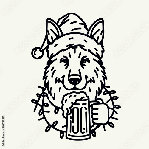  German Shepherd Dog wear santa claus hat tangled wrap around with Christmas lights holding a beer mug in christmas party   