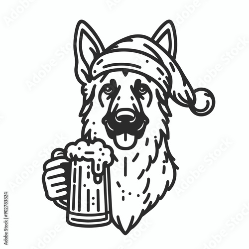  German Shepherd Dog wear santa claus hat tangled wrap around with Christmas lights holding a beer mug in christmas party   