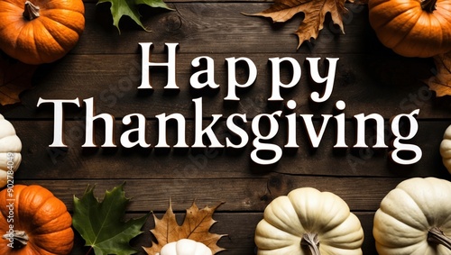 Happy Thanksgiving Sign with Pumpkins and Leaves
