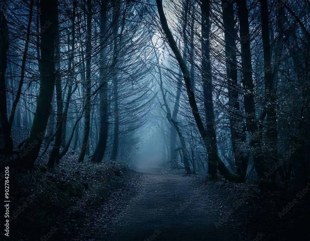 Naklejka premium Fog on an alley in the dark forest