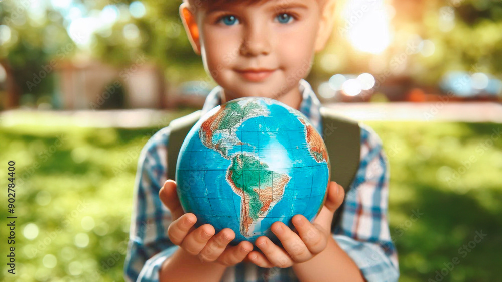Child holding globe of planet earth outdoors Child holding globe of planet earth outdoors