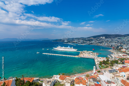 Fototapeta Naklejka Na Ścianę i Meble -  Kusadasi Harbour and Pigeon Island view from mountain in Turkey