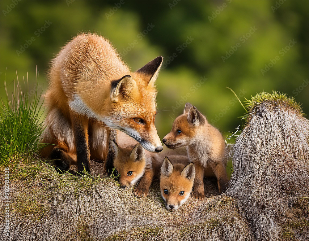 Portrait of a fox with cubs. A family of foxes Portrait of a fox with cubs. A family of foxes