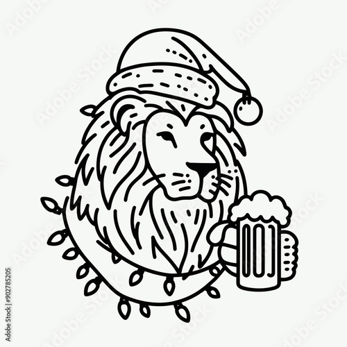  Lion wear santa claus hat tangled wrap around with Christmas lights holding a beer mug in christmas party   