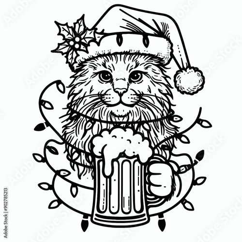  Maine Coon Cat wear santa claus hat tangled wrap around with Christmas lights holding a beer mug in christmas party   