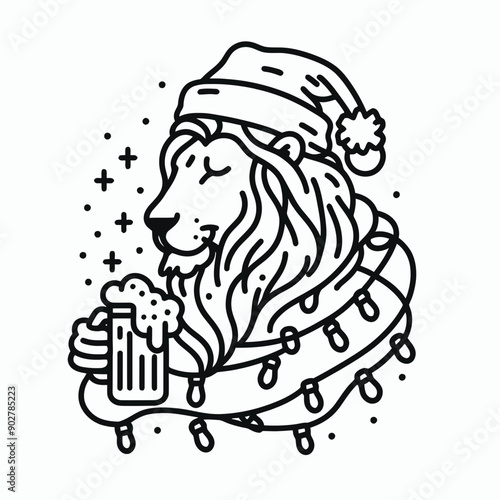  Lion wear santa claus hat tangled wrap around with Christmas lights holding a beer mug in christmas party   