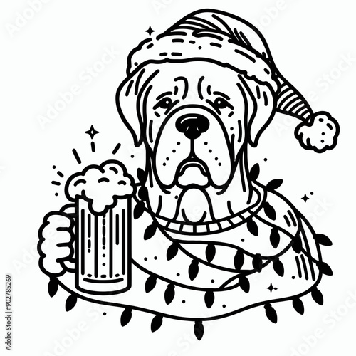  Mastiff Dog wear santa claus hat tangled wrap around with Christmas lights holding a beer mug in christmas party   