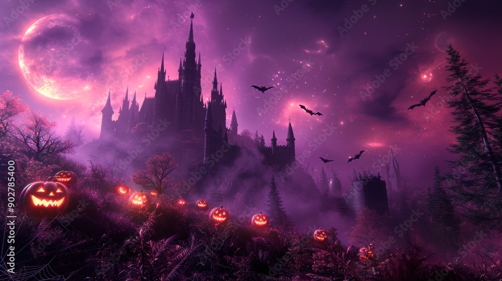 Fototapeta premium Gothic castle Halloween background with lilac moon and Jack-O’-Lanterns