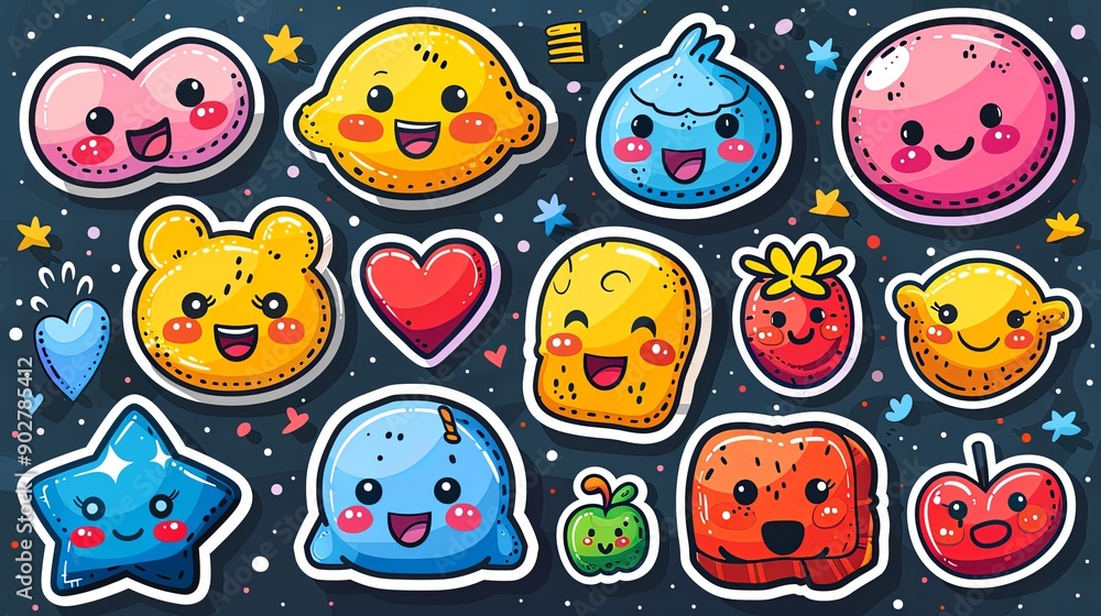 Fototapeta premium vector, illustration, Colorful happy smiling face label shape set. Collection of trendy retro sticker cartoon shapes. Funny comic character art and quote sign patch bundle
