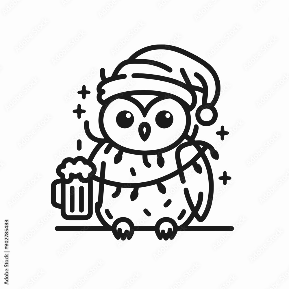 Fototapeta premium Owl wear santa claus hat tangled wrap around with Christmas lights holding a beer mug in christmas party 