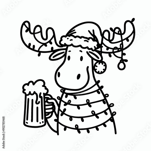  Moose wear santa claus hat tangled wrap around with Christmas lights holding a beer mug in christmas party   