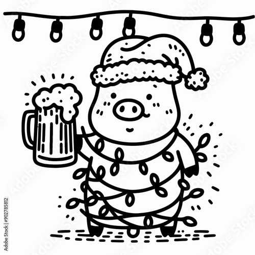  Pig wear santa claus hat tangled wrap around with Christmas lights holding a beer mug in christmas party   