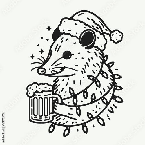  possum wear santa claus hat tangled wrap around with Christmas lights holding a beer mug in christmas party   