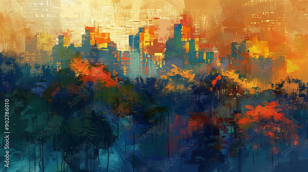 Naklejka premium Urban Skylines: Abstract Cityscape on Hilltop - Digital Illustration with Acrylic Texture