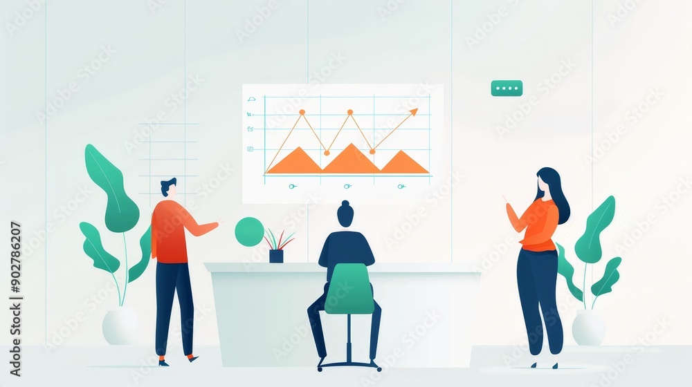 High-tech office environment, employees in discussion, with arrows and charts illustrating significant business growth and accomplishments High-tech office environment, employees in discussion, with arrows and charts illustrating significant business growth and accomplishments