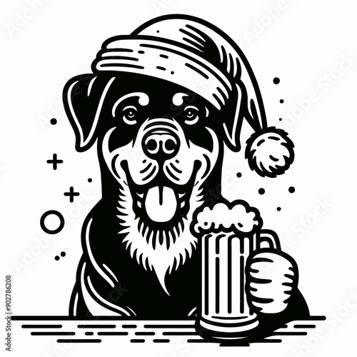  Rottweiler Dog wear santa claus hat tangled wrap around with Christmas lights holding a beer mug in christmas party   