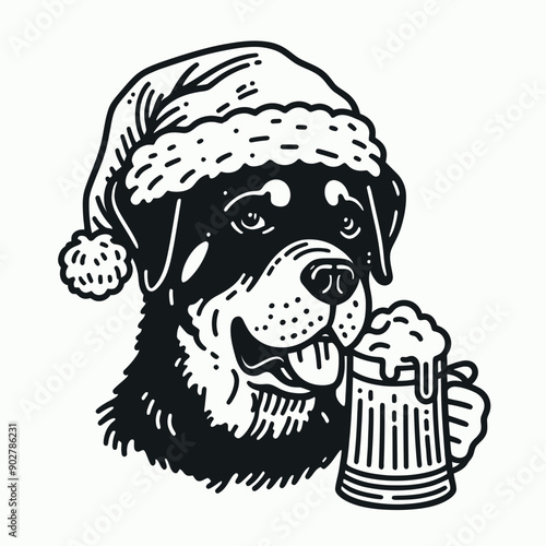  Rottweiler Dog wear santa claus hat tangled wrap around with Christmas lights holding a beer mug in christmas party   