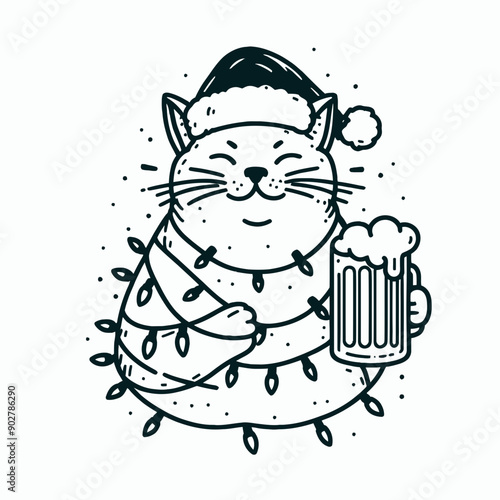  Russian Blue Cat wear santa claus hat tangled wrap around with Christmas lights holding a beer mug in christmas party   