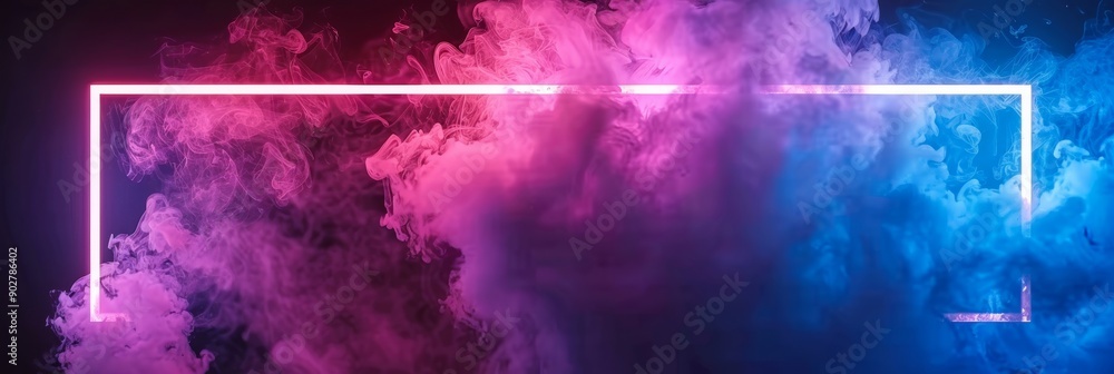 Neon Glowing Rectangular Frame with Pink and Blue Smoke Abstract Background - Futuristic Vibrant Concept Neon Glowing Rectangular Frame with Pink and Blue Smoke Abstract Background - Futuristic Vibrant Concept
