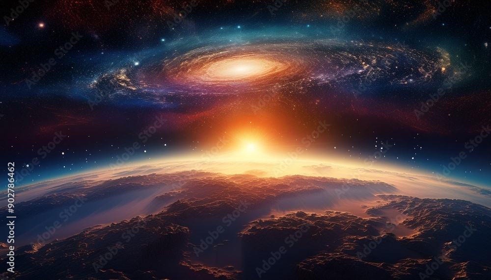 Fototapeta premium Landscape with Milky Way galaxy. Rising sun and view of Earth from space with the Milky Way galaxy.