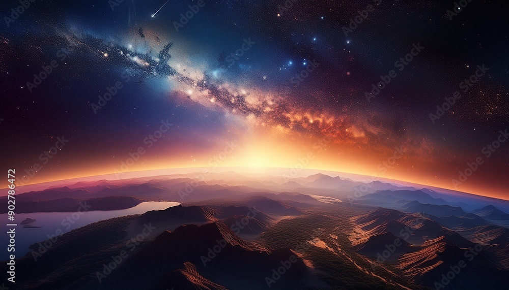 Landscape with Milky Way galaxy. Rising sun and view of Earth from space with the Milky Way galaxy. Landscape with Milky Way galaxy. Rising sun and view of Earth from space with the Milky Way galaxy.
