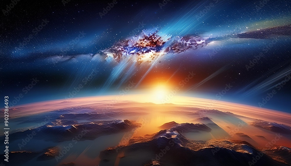 Landscape with Milky Way galaxy. Rising sun and view of Earth from space with the Milky Way galaxy. Landscape with Milky Way galaxy. Rising sun and view of Earth from space with the Milky Way galaxy.