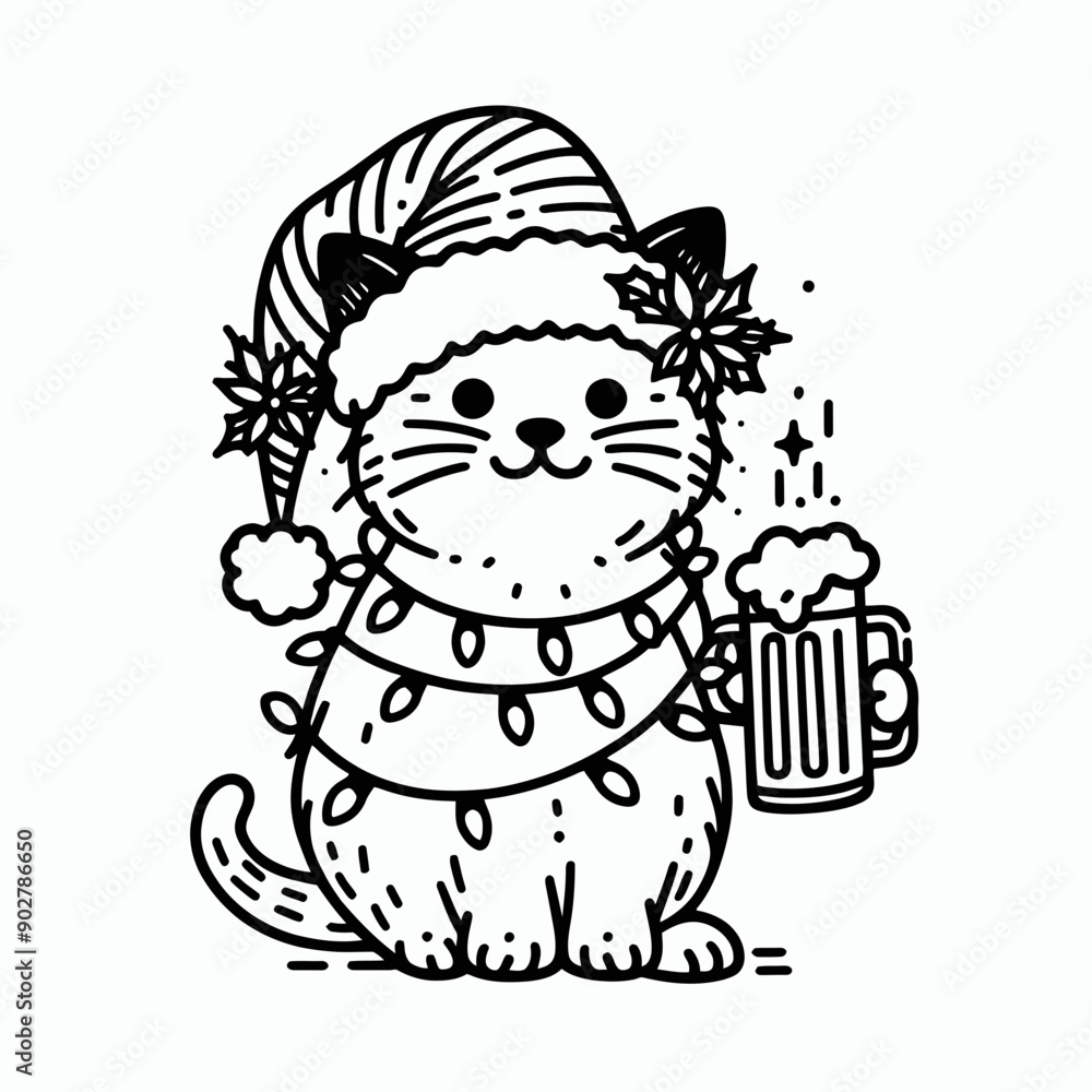 Obraz premium Siamese Cat wear santa claus hat tangled wrap around with Christmas lights holding a beer mug in christmas party 