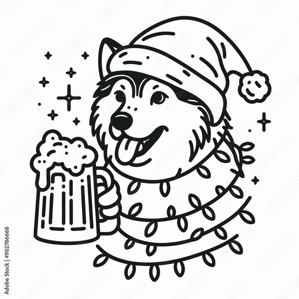 Obraz premium Siberian Husky Dog wear santa claus hat tangled wrap around with Christmas lights holding a beer mug in christmas party 