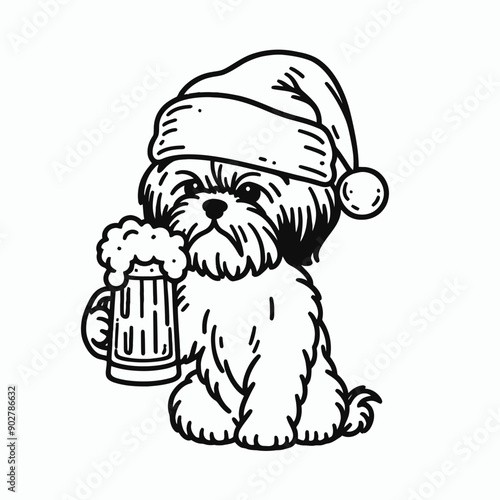  Shih Tzu Dog wear santa claus hat tangled wrap around with Christmas lights holding a beer mug in christmas party   